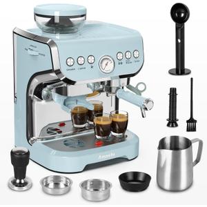 Amaste Espresso Machine with Grinder, 15 Bar Espresso Machine with Steam Wand for Latte and Cappuccino, 68Oz Water Tank, Pre-Infuse Brewing, Espresso Coffee Maker for Home Use, Barista Kit, Blue
