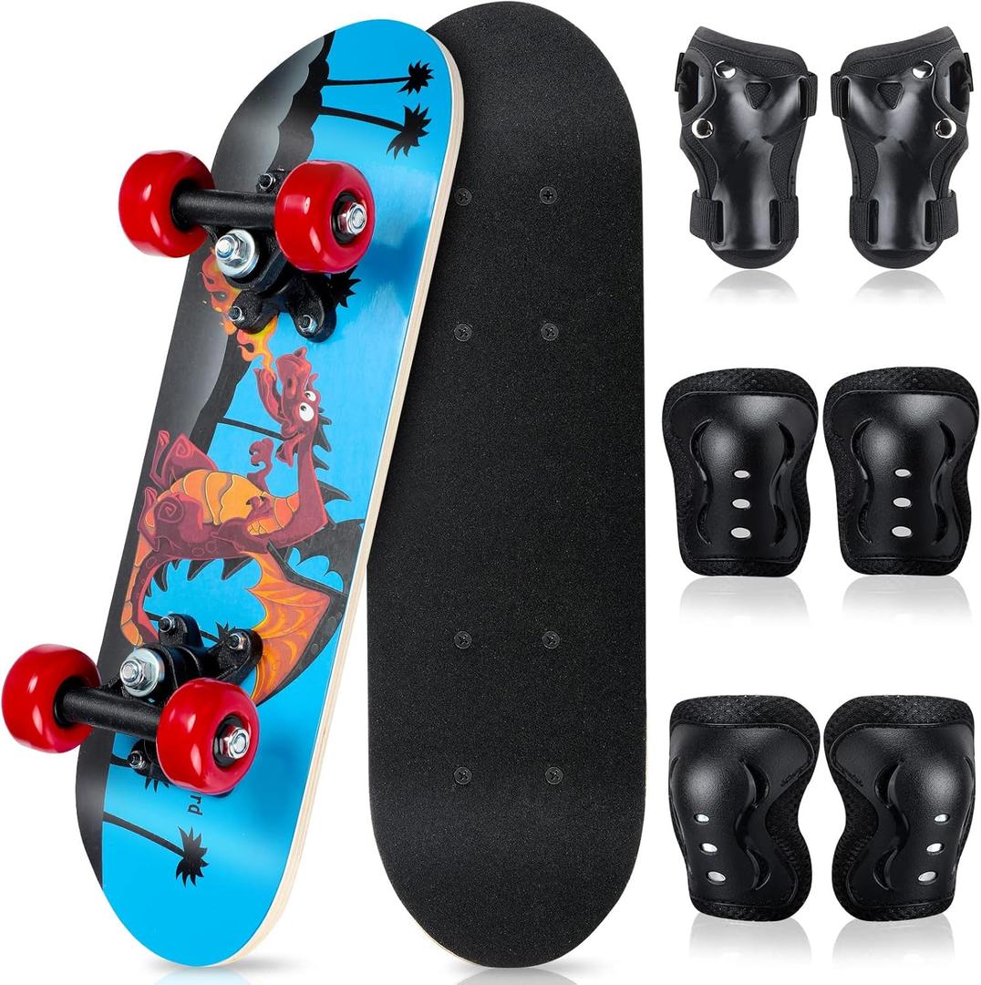 Honoson 7 Pcs Skateboard for Toddlers Beginners Knee Elbow Pads Wrist Guards Gear Set (Age 2-5 Kids 17 x 5'')
