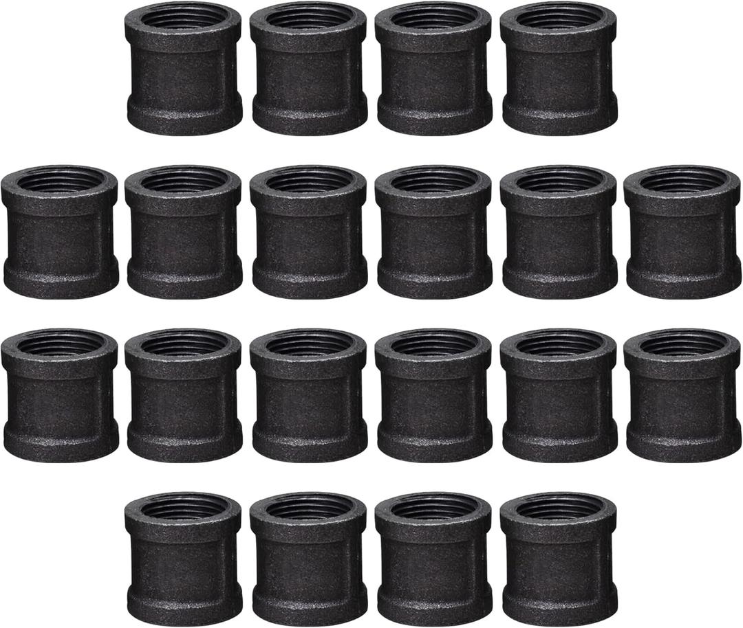 DSDS 20 Pack 1/2" Pipe Coupling, Rustic Industrial Black Malleable Iron Pipe Coupling Socket for Furniture Home Decor (0.5 Inch)