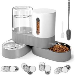 Automatic Gravity Cat Dog Feeder and Water Dispenser with 304 Stainless Steel Bowls 2 in 1 360 Degree Rotatable Auto 2.4L Dry Food and 2.6L Water Bowl for Small Medium Pet Dog Puppy Kitten (Gray)