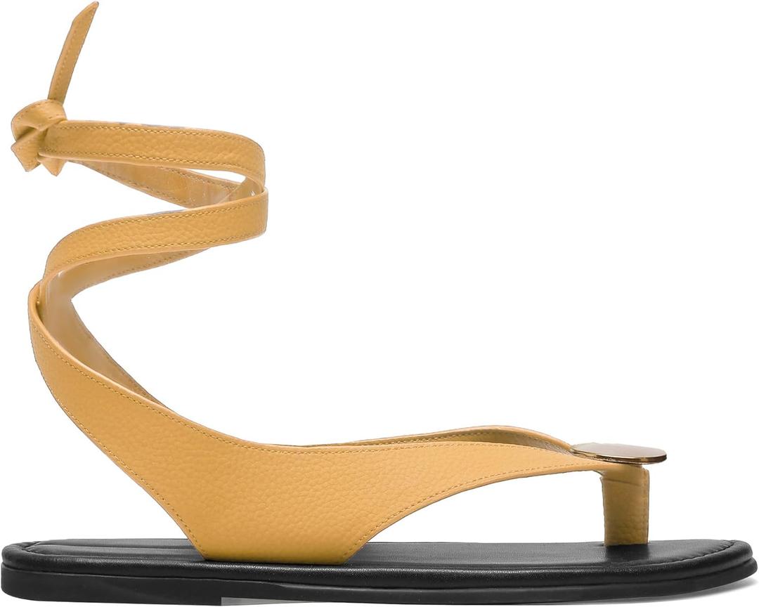 Strap Flip Flop Flat Sandals for Women with Metal Circular Ankle Strappy Ladies Fashion Cute Summer Thong Sandals Dressy. (5, Yellow-1)