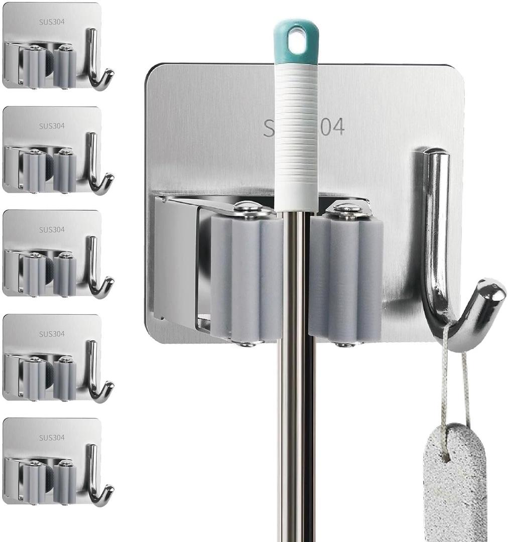 5 Pack Mop and Broom Holder Wall Mount, Silver Stainless Steel Mop and Broom Hanger with Hooks, Mop Broom Organizer for Closet Laundry Garage Garden Tool Organizer (Silver)