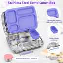 Stainless Steel Bento Lunch Box for Kids & Adults, 4 Compartment Kids Lunch Box, Metal Bento Box with Silicone Container and Stainless Steel Sauce Container,BPA-Free,School,Office(Purple)