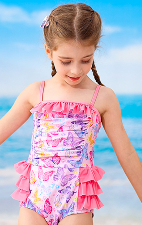 Funnycokid 4T 5T Swimsuit Girls Toddler Bathing Suit One Piece Spaghetti Swimwear Little Kids Pink Butterflies 4-5 Years