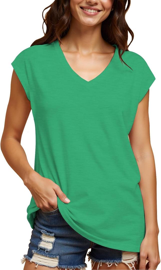Hantaostyle Womens Summer Tops Short Cap Sleeve Casual V Neck T Shirts Loose Fit Flowy Solid Color Blouse Tank Tees Tees S Green (Green, S)