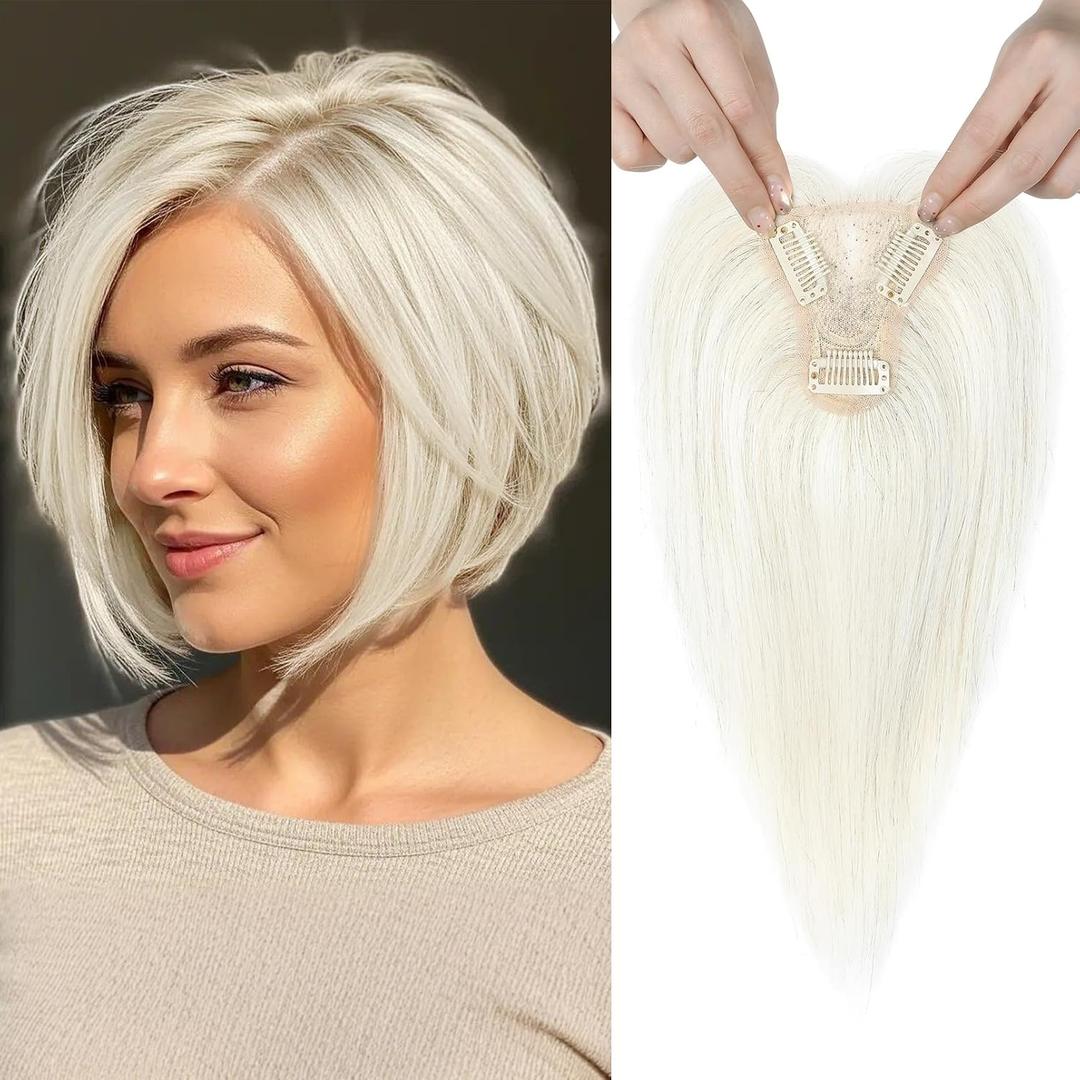 REECHO 10" Real Human Hair Topper for Women with Thinning Hair, Clip-in Crown Hairpiece for Instant Volume and Gray Root Coverage Real Hair Toppers Wiglett, Standard Base, Light Blonde