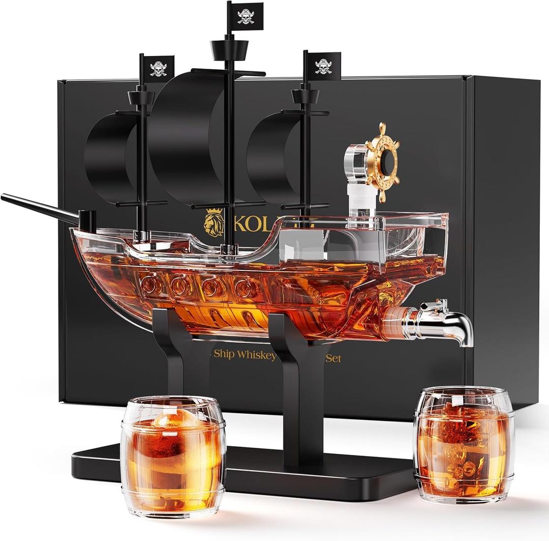 Kollea Birthday Gifts for Men Dad, Pirate Ship Whiskey Decanter Set with 2 Glasses, Liquor Dispenser for Home Bar, Funny Gift Ideas for Him, Husband, Father, Boyfriend, Christmas, Sailor & Captain