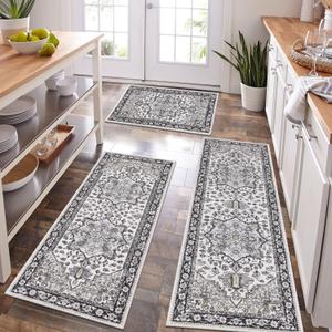 HEBE Boho Kitchen Rug Sets 3 Piece with Runner Non Slip Kitchen Rugs and Mats Washable Kitchen Mats for Floor Thick Kitchen Floor Mat Carpet Runner Rugs for Hallway Laundry Holiday Decor (20"x32"+20"x48"+20"x59", Black/Brown)