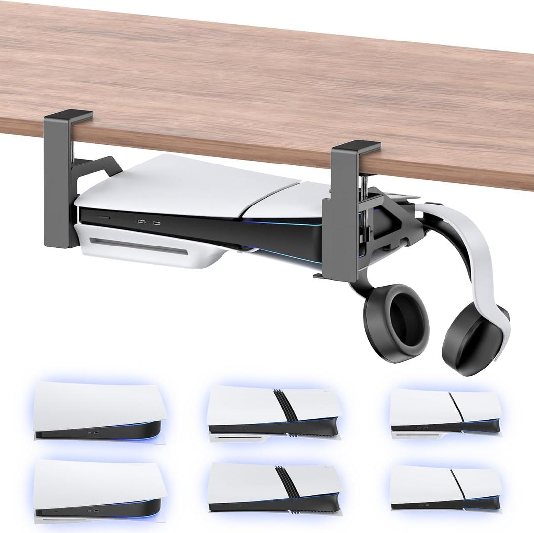 Kosker NoDrill PS5/Slim/Pro Under Desk Mount, Metal Under Desk PS 5 Mount for PS5 Slim Digital & Disc, PS 5 Holder Under Desk with Clamp, Screw and EVA Foam for PS 5/Slim/Pro Digital Console