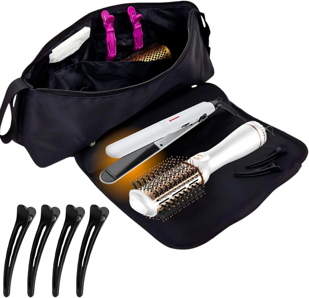 Large Hair Tools Travel Bag and Heat Resistant Mat  Hot Hair Tools Organizer for Flat Iron, Curling Iron, Hair Dryer  2-in-1 Portable Case for Women Bag (19 x 6.5 in) Mat (11 x 15 in)