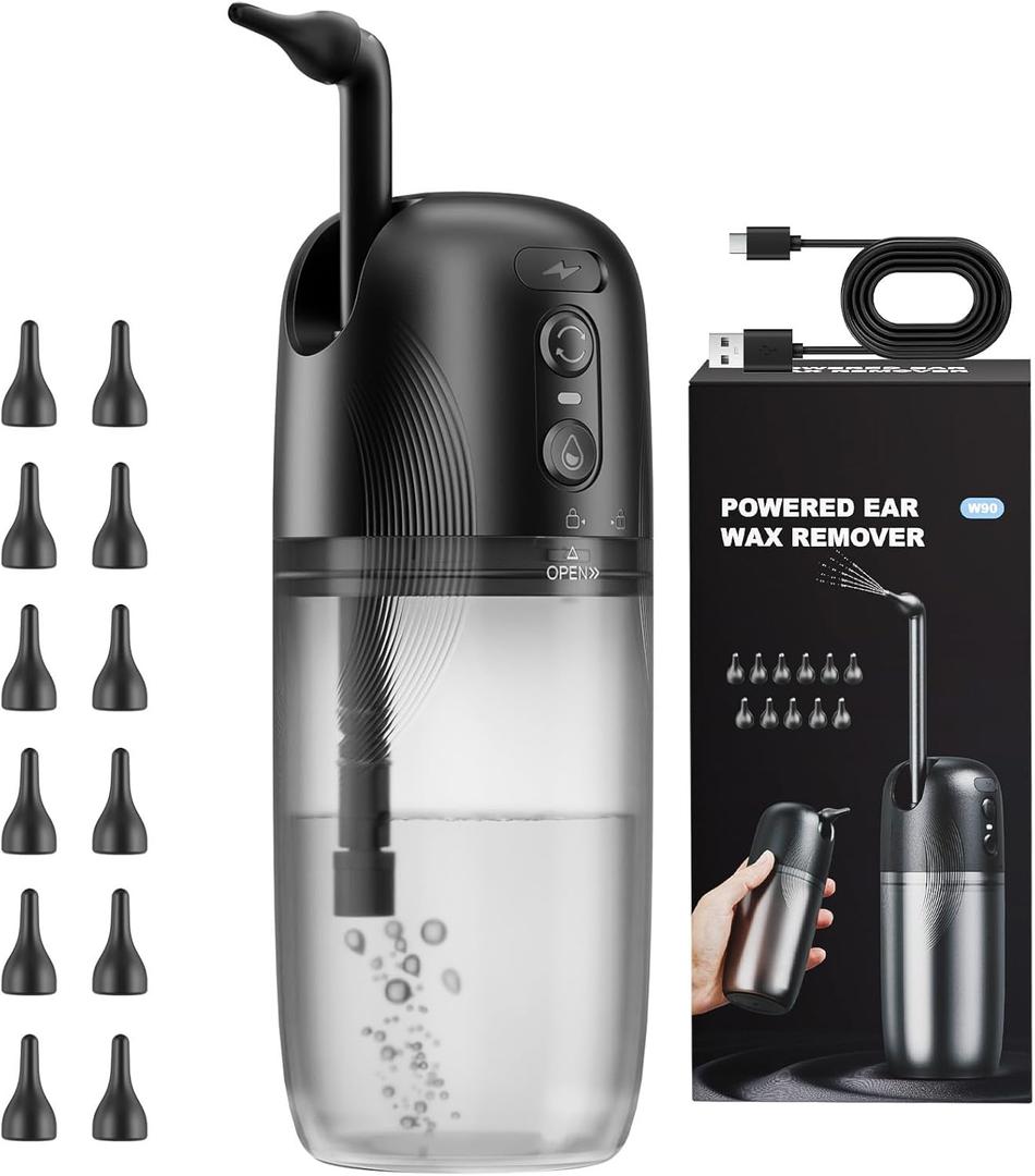 Electric Ear Wax Removal, Ear Cleaning Kit, Water Powered Ear Cleaner with 3 Pressure Modes 12 Replacement Tips, Ear Irrigation Flushing System, Safe and Effective Ear Wax Removal Tool (Black)