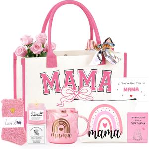 New Mom Gifts, First 1st Mothers Day Birthday Gifts for New Mom Care Package After Baby Postpartum Present for Expecting Mama Basket Set of 7