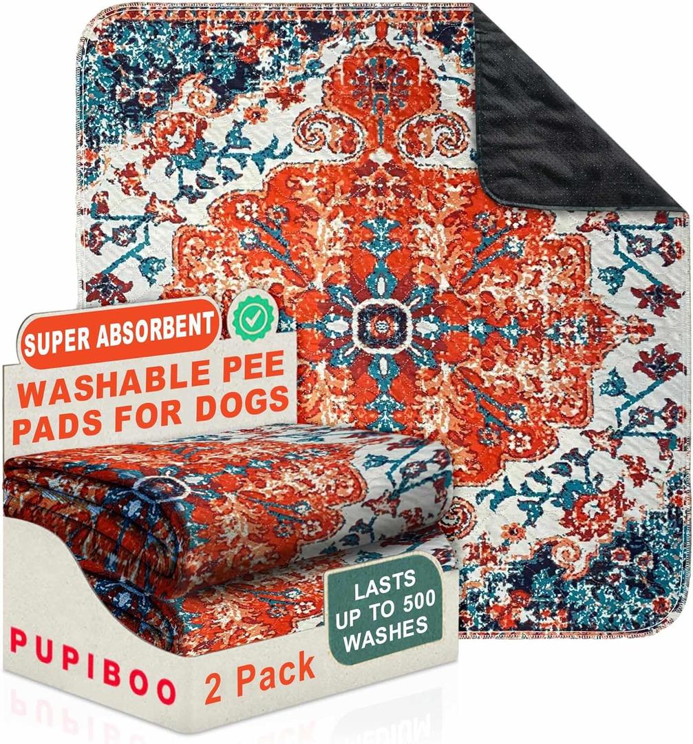 PUPIBOO Washable Pee Pads for Dogs and Cats - Super Absorbent Reusable Puppy Training Pads - 100% Waterproof, Leak-Proof & Non-Slip Whelping Pads for Pet Housebreaking (54 x 54 Inch (Pack of 2), Colorful Medallion)