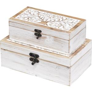 MODE HOME 2 Piece Tree of Life Carved Wooden Keepsake Boxes with Lids, Decorative Storage Boxes for Home Decor, Trinket Box for Jewelry and Memorabilia (Whitewashed)