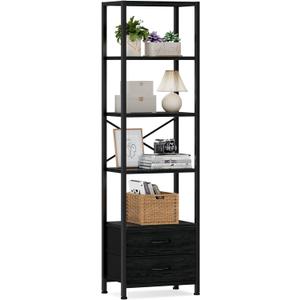 Furnulem 5-Tier Corner Shelf, Narrow Bookshelf with 2 Storage Drawers, 65.16" Tall Bookcase, Standing Shelf Organizer Unit for Living Room, Bedroom, Metal Frame, Wood Display Shelf(Black Oak)