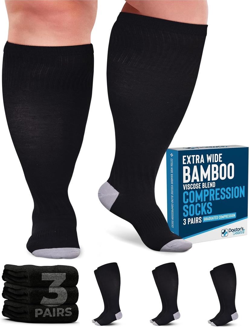 Doctor's Select 3 Pairs Plus Size Compression Socks Wide Calf | Bamboo Viscose Knee High Extra Wide Calf Compression Socks Women & Men | Black (4X-Large)