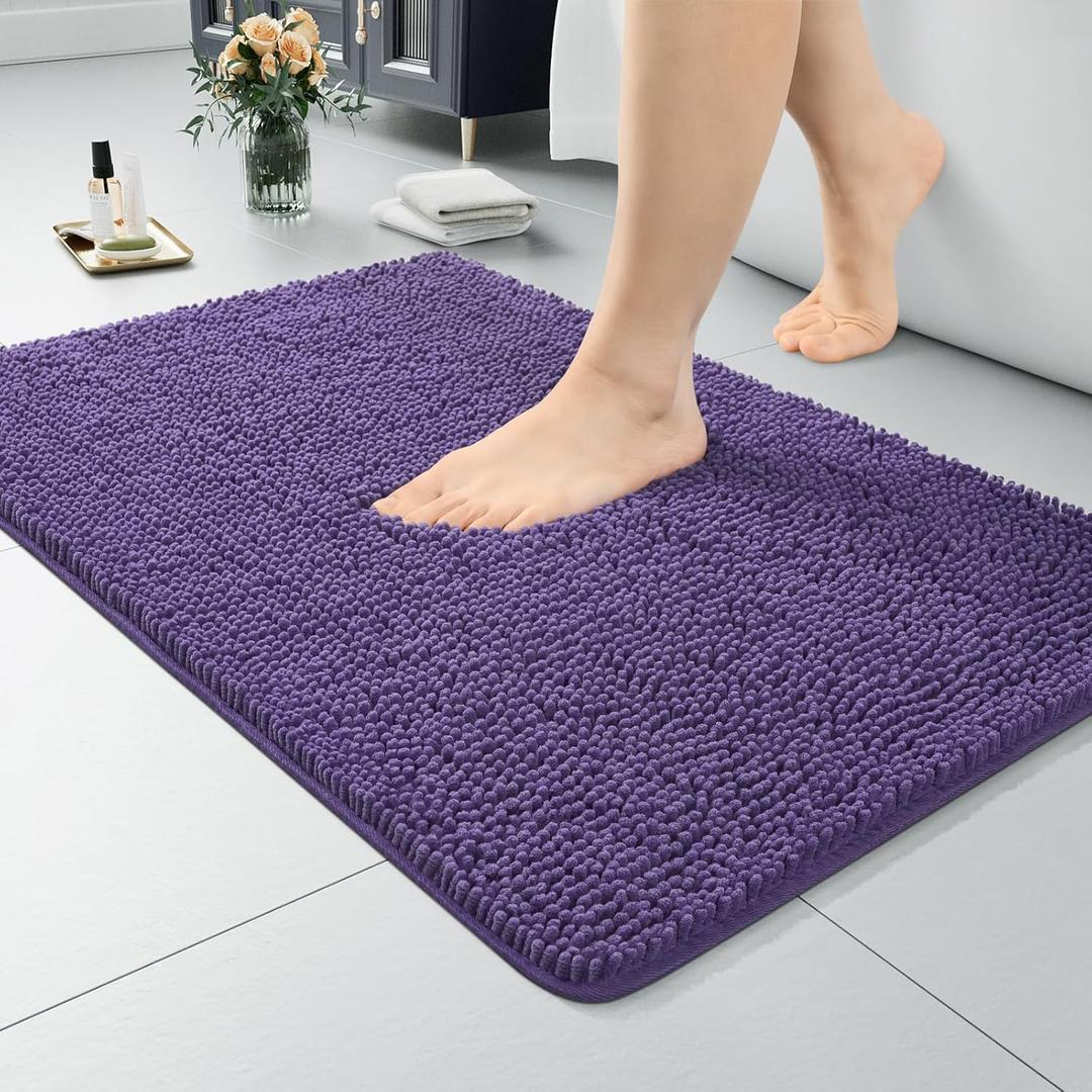 LOCHAS Luxury Bathroom Rug Shaggy Bath Mat 24 x 17 Inch, Washable Non Slip Bath Rugs for Bathroom Shower, Soft Plush Chenille Absorbent Carpets Mats, Dark Purple