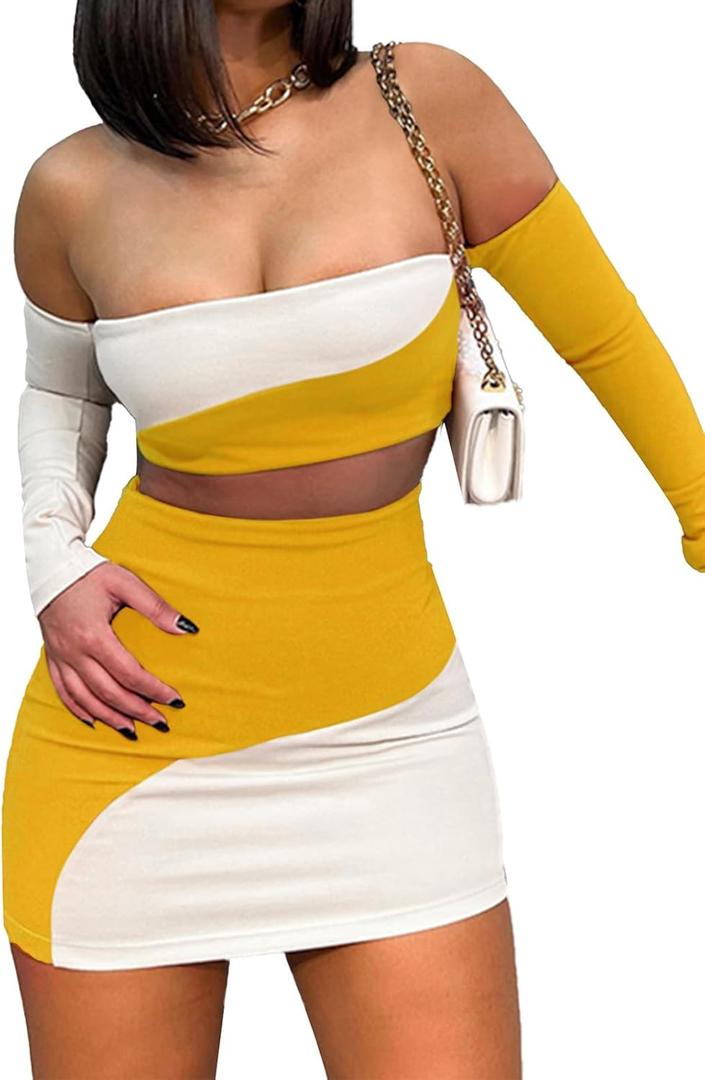 XWomen's Summer Two-Piece Skirt Sets Sexy Off Shoulders Top Y2K Going Out Short T-Shirt Sets Mini Dress Outfits D293, XS