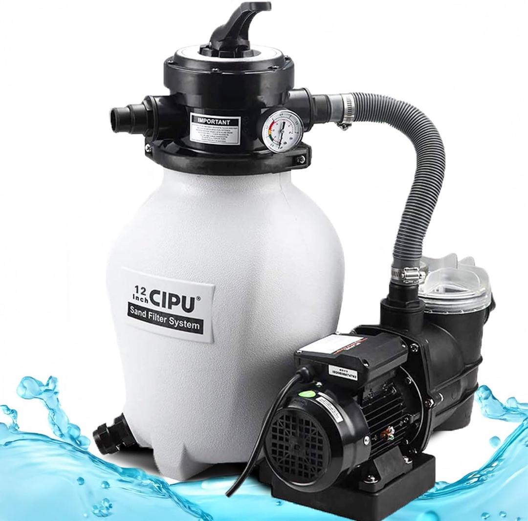 12 Inch Sand Filter Pump System for Above Ground Pools, 1/3 HP 115V
Pump with 6ft Power Cord, Prefilter Basket & 4-Way Valve for Pools up to 7,500 Gal; 5 Adapters & 2 Threaded Adapters Included