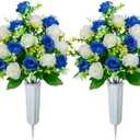 XONOR Artificial Cemetery Flowers, Set of 2 Artificial Rose Bouquet Graveyard Memorial Flowers with Vase for Cemetery Headstones Decoration (Dark Blue&White-2Pcs)