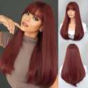 PARK YUN Long Straight Wine Red Wig with Bangs 23 Inch Burgundy Synthetic Layered Wig Natural Maroon Dark Red Hair Heat Resistant Wigs for Women Daily Party Use