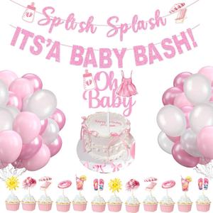 Splish Splash Baby Shower Decorations,Pink Beach Party Decorations,Splish Splash Its a Baby Bash Banner,Pink White Ballloon for Kids Baby Shower Decorations Summer Swimming HawaiianTropical Supplies