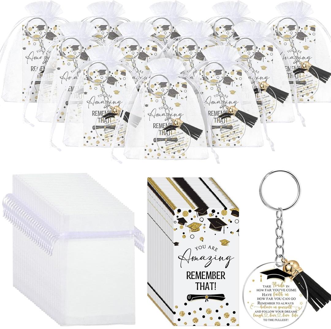 Inbagi 50 Set Graduation Gifts Keychain Class of 2025 Graduation Tassel Keychain Inspirational Cards for Party Favors University College Middle High School Graduate Souvenir Masters Nurse (Black)