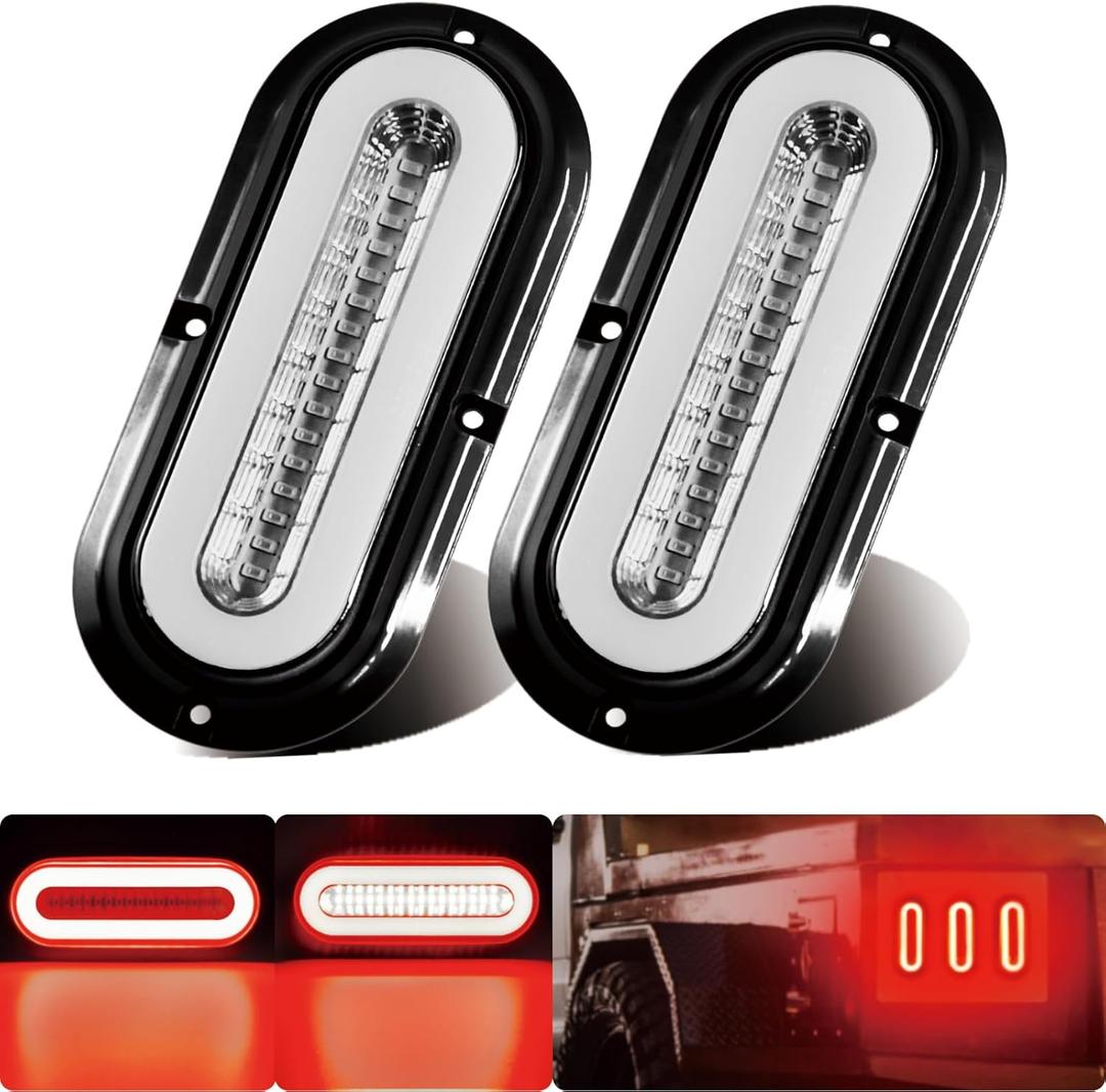 2pcs 6" inch Clear Lens Oval Red 52 LEDs Trailer Lights w/Flange Surface Mount Halo LED Brake Stop Turn Running Tail Lights【Patented】 Submersible IP67 for Boat Truck/RV/Van, DC 12V