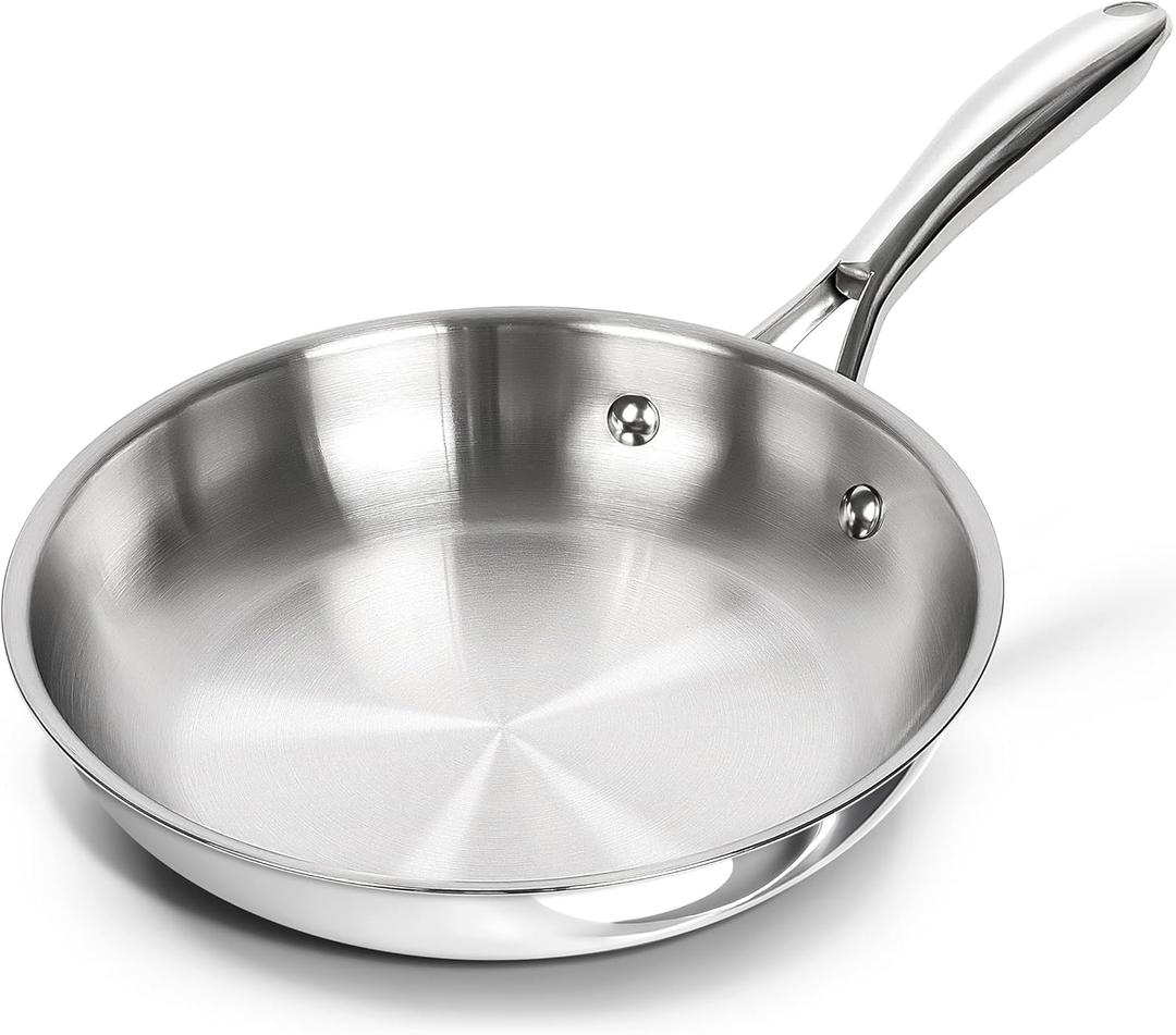 MICHELANGELO Stainless Steel 8 inch Frying Pan, Small Skillet with Triply Base, Stainless Steel Pan with Ergonomic Handle, Induction Compatible (Silver)