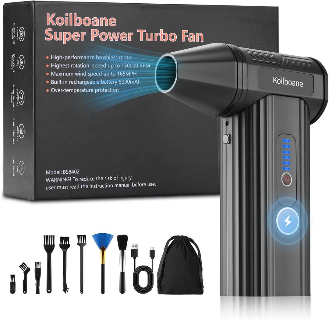 Electric Dust Blower Compressed Air Spray, 3-Speed Electric Air Duster, Super Power Turbo Blower with 8000 mAh Battery, Cleaning Brush and Quick Charge, Jet Fan for PC Cleaning Kit, Keyboard, Car