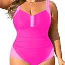 Tempt Me Pink Women Plus Size One Piece Swimsuits - Tummy Control Bathing Suits 2025 Color Block Swimwear 14W