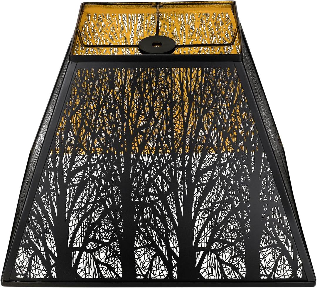 Large Metal Lampshade New Pyramid Shape Design 7'' Top 14'' Bottom 10'' Height ALUCSET Square Bell Shade Lamp Shade Forest Design Black and Gold fits for Table Lamps and Floor Lamps