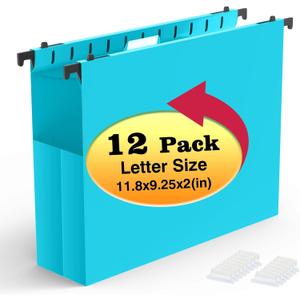 Shutex Extra Capacity Plastic Hanging File Folders,12 Pack Reinforced Expanding Hang Folder Letter Size,Accordian Pocket,Heavy Duty 2 Inch Expansion, Hard Hanging Folder Organizer for Office Home,Blue