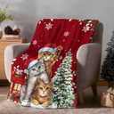 Chucoco Throw Blankets, Christmas Santa Cute Cats Luxury Ultra Soft Flannel Bed Blanket Blossoms Poinsettia Fir Tree Leaf Red Berry Cozy Warm Fleece Cover for Sofa Couch Chair 50"x60"