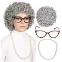 ColorGround Adult Size Old Lady Gray Curly Cosplay Wig 100th Day of School with Pearl Necklace and Glasses