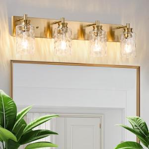 4 Light Bathroom Vanity Light Modern Brushed Gold Bathroom Light Fixtures Over Mirror with Hammered Glass Lampshade for Kitchen Hallway