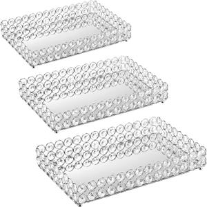 Irenare 3 Pcs Crystal Cosmetic Makeup Tray, Mirrored Vanity Jewelry Decorative Tray Organizer for Storage Perfume Trinket Dresser Countertop Wedding Home Bathroom 3 Sizes (Silver)