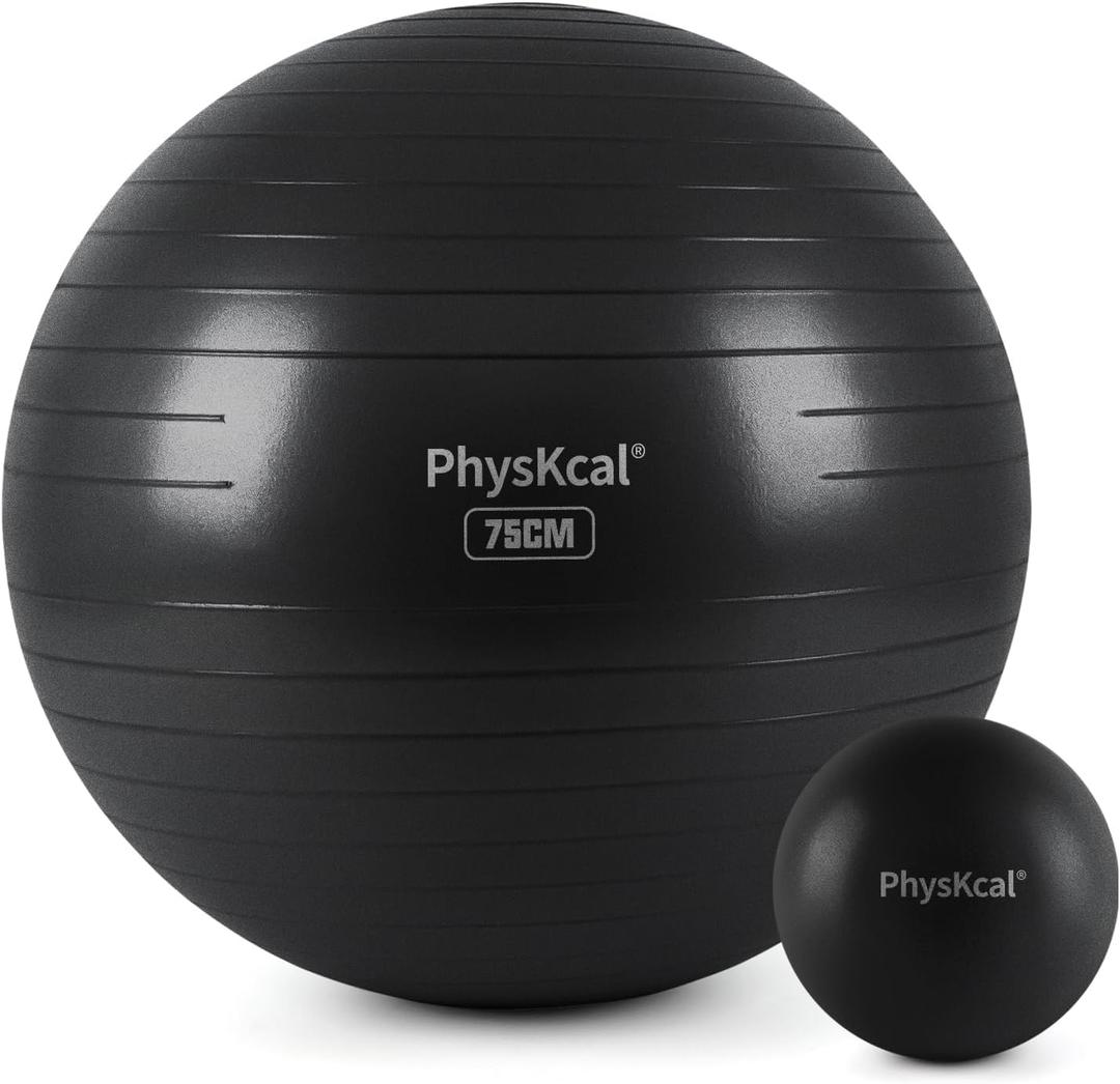 PhysKcal Yoga Ball for Exercise, Pilates Set, 4 Sizes Fitness Ball for Workout, Birthing, Pregnancy, Physical Therapy- Pump Included (L (26-29''/68-75cm), Carbon Black)