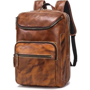 LANNSYNE Vegetable Tanned Leather Backpack For Men, 15.6" Leather Laptop Backpack Hiking Travel Bag Camping Rucksack (Yellow)