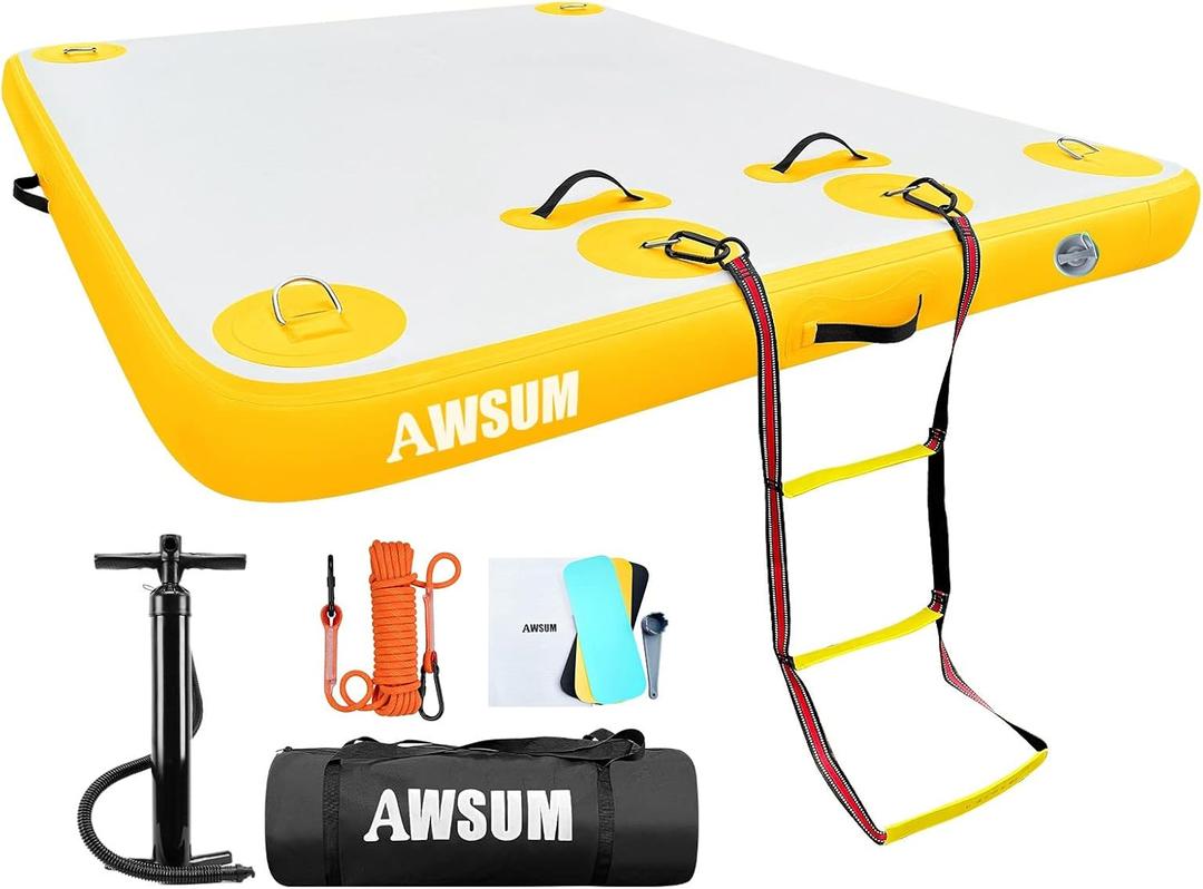 AWSUM Inflatable Floating Dock Air Dock Platform Floating Island Raft with None-Slip Surface for Pool Beach Ocean (8x6 ft, Yellow)