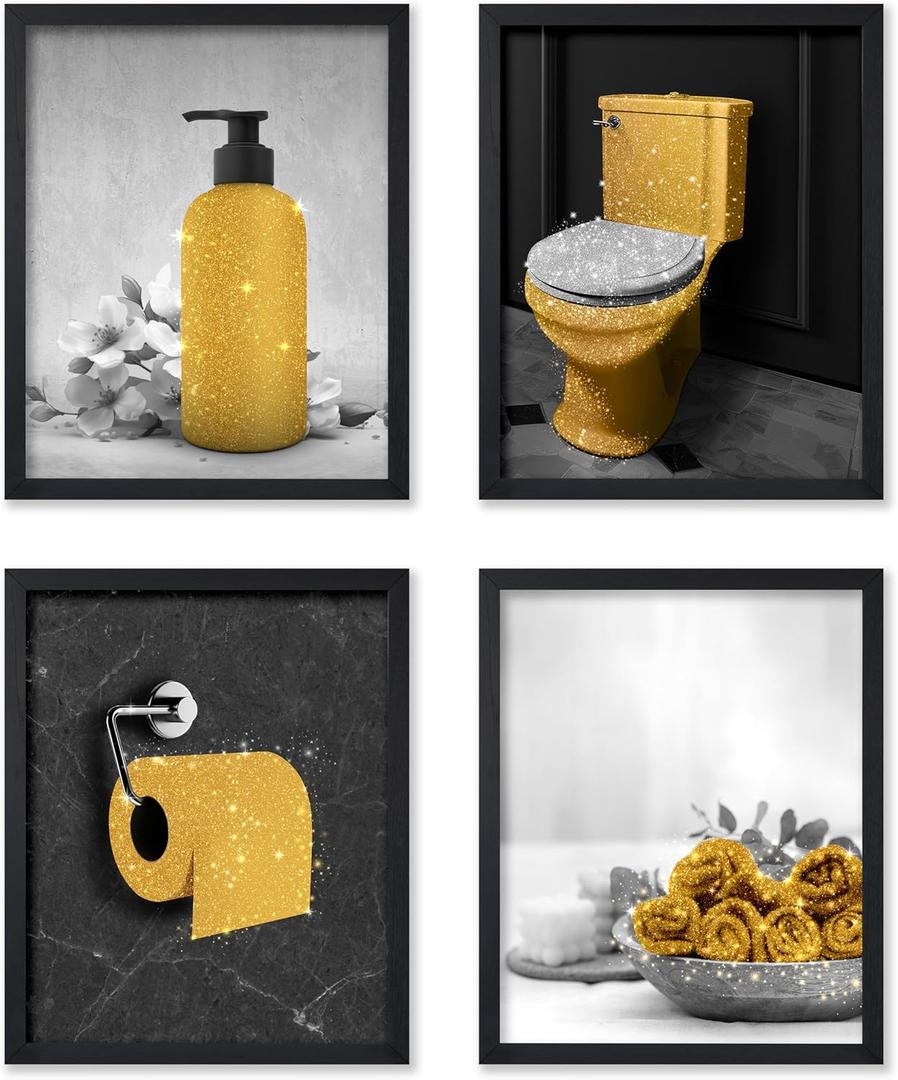 Poster Master 4-Piece Bathroom Accessories Poster - Gold Restroom Print - Trendy Art - Modern Art - Bathroom Wall Decoration - Guest Bath Decorations - Powder Room Wall Decor - 8x10 UNFRAMED Wall Art