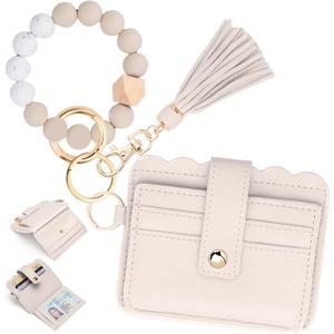 Wristlet Wallet for Women with Keychain  RFID Card Holder Small Wallet Wristlet with Key Ring (Beige)