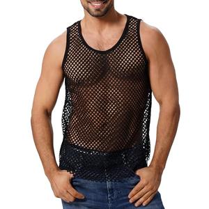 ABAFIP Men's Fishnet Mesh Tank Top Sleeveless Sheer Shirt Gym Workout Fitted Muscle Top Undershirt Black Small