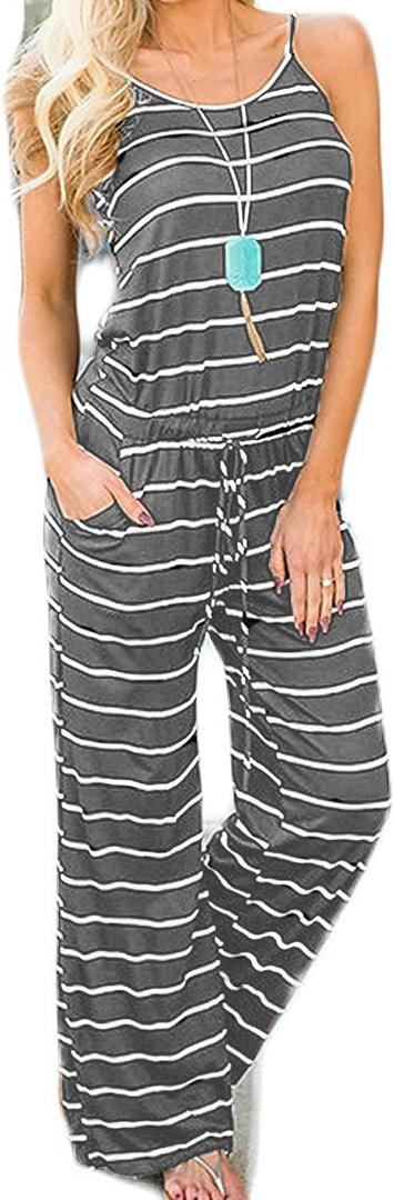 Artfish Women Casual Sleeveless Spaghetti Strap Striped Lounge Pajama Jumpsuit, L
