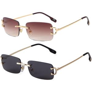Rimless Sunglasses for Men Women Fashion Small Narrow Rectangle Sun Glasses Shades 90s Eyewear (Gradient Brown+grey)