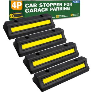 Pack of 4 Garage Parking Aid, 16.9'' Parking Stopper for Garage, Heavy Duty Rubber Garage Car Stopper with Reflective Yellow Tape Curb, Parking Gadgets Protects Garage Walls and Car