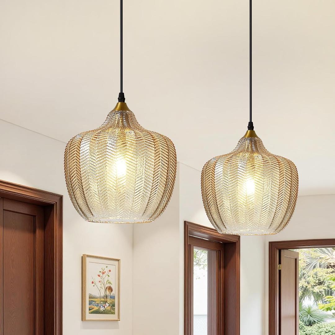 Amber Glass Pendant Lights Kitchen Island 2 Pack Gold Hanging Ceiling Light, 9.45 inch
