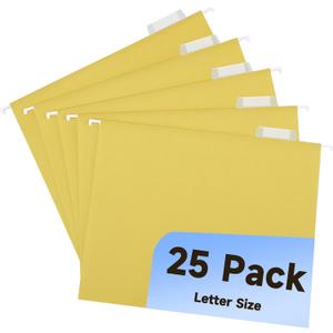 Hanging Colored File Folders,25 Pack Yellow Letter Size Hanging File Folders with 1/5-Cut Tabs,Ideal for Home and Office Organization and Papers Classification