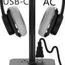 KAFRI RGB Headphone Stand with USB A&C Charger Desk Gaming Headset Holder Hanger Rack with 3 USB Charging Port and 2 Outlet - Suitable for Gamer Desktop Table Game Earphone Accessories Boyfriend Gifts