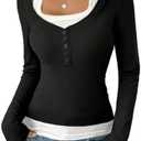 SOLY HUX Women's Long Sleeve Shirts Y2K Going Out Tops Halter Neck Slim Fitted Henley T Shirts Fall Clothes XL